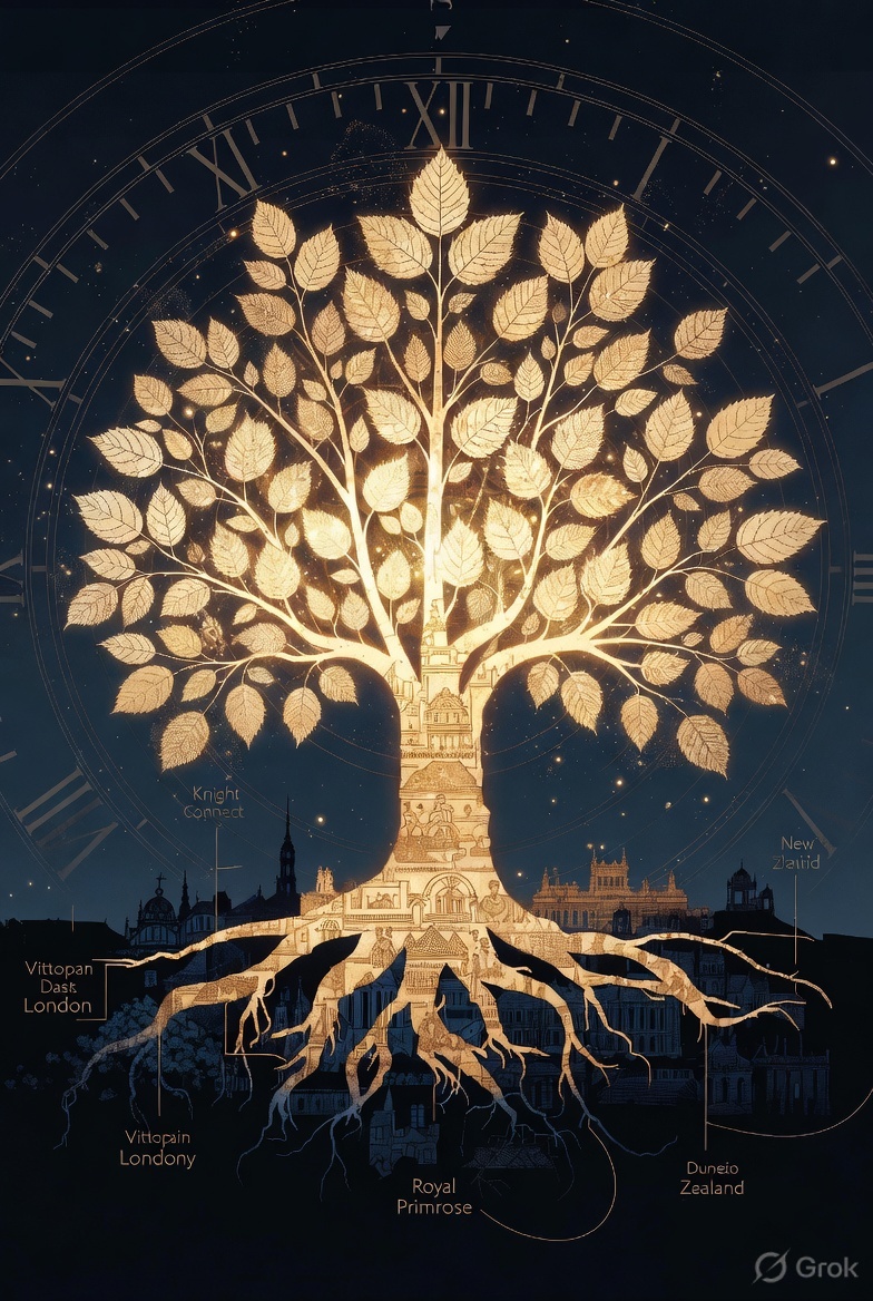 Mood: a golden tree inside a clock, roots in London, canopy toward New Zealand. Generated. Not a map.