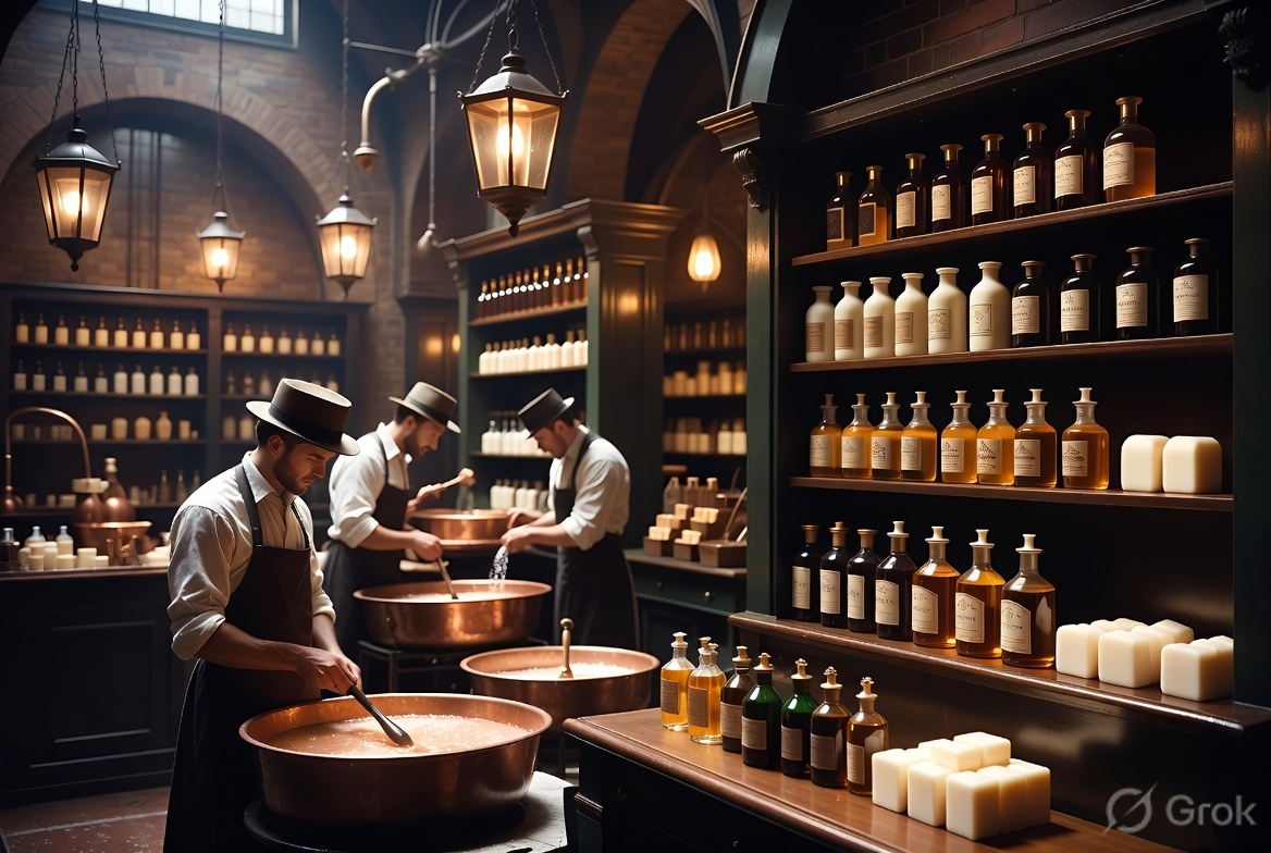 Mood reconstruction of a Victorian soap works with copper kettles