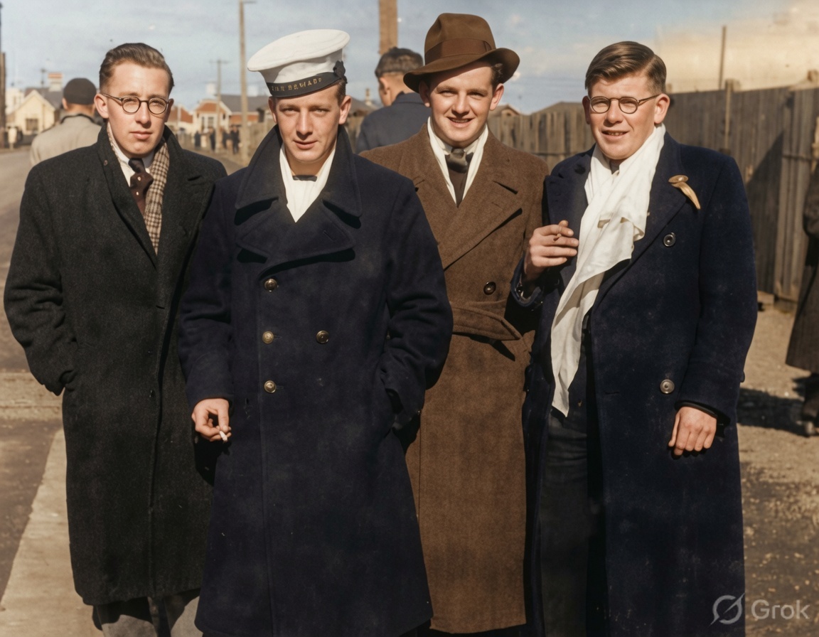 Colourised photograph of four young men in Dunedin street coats