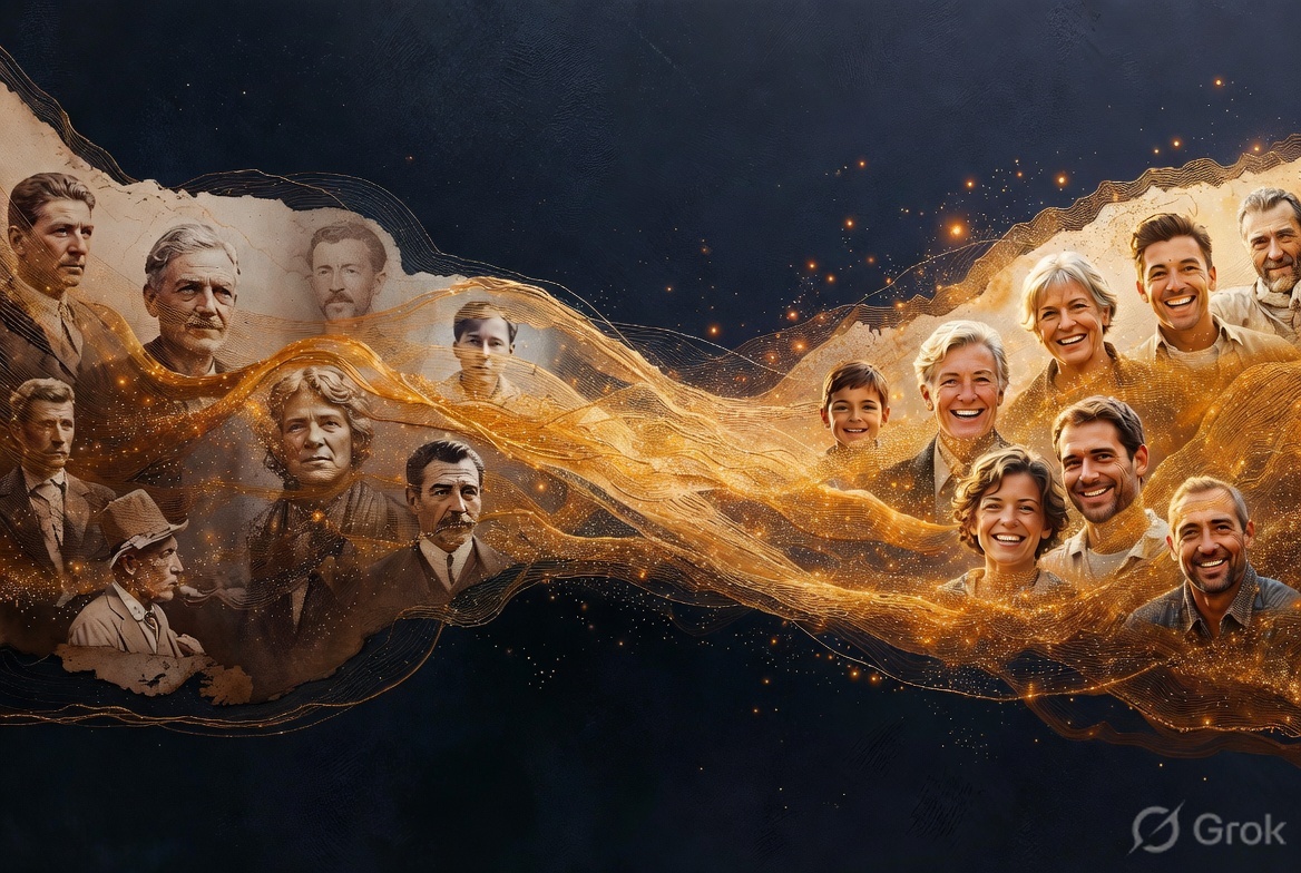 Gold river of faces: historical portraits on the left, living faces on the right